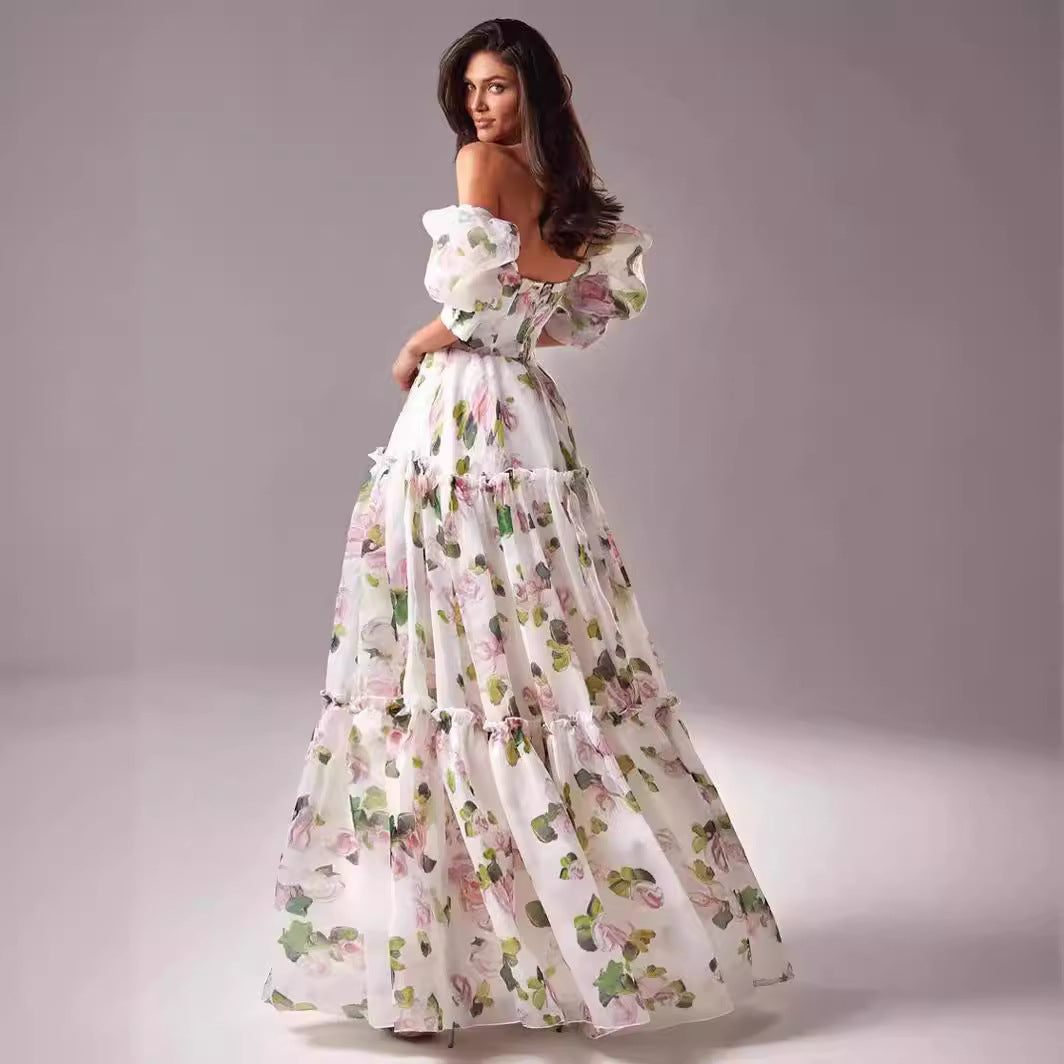 A 2024 new spring and summer off-the-shoulder European and American women's clothing fashion organza fairy long temperament evening dress dress