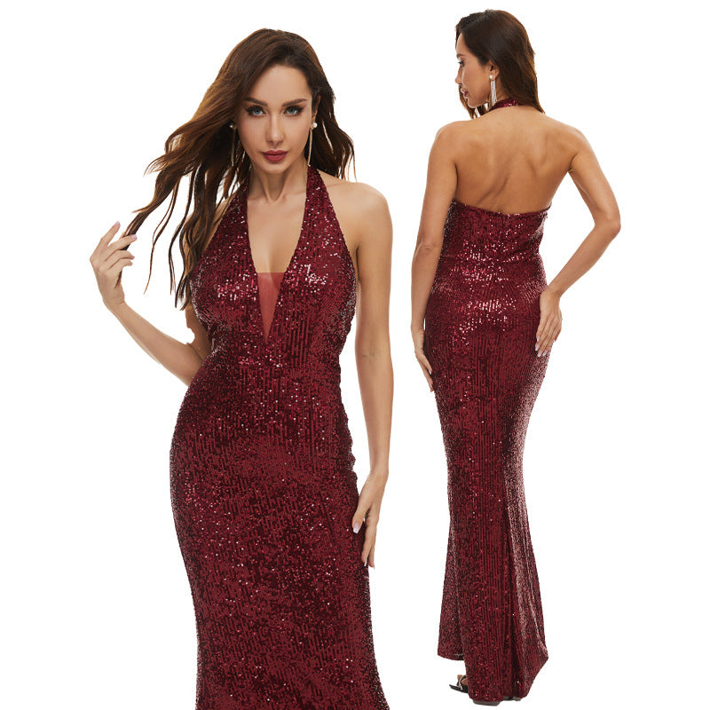 A sequined light luxury banquet dress skirt deep V-neck suspender backless slim hip wrap fishtail dress performance evening dress