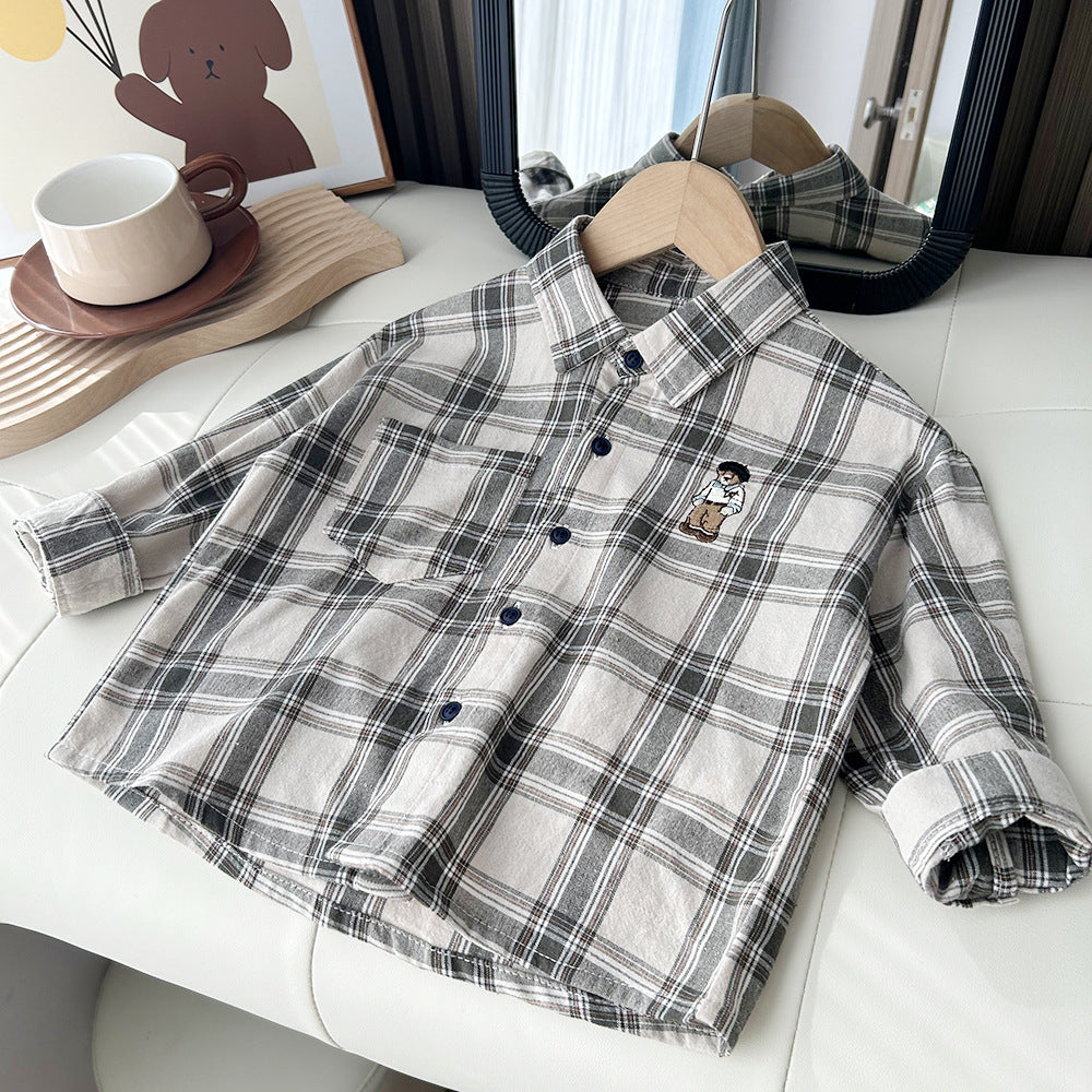 Spring Children's Wear Boys Children's Cotton Plaid Medium and Big Kids Cartoon Long Sleeve Shirt Shirt 0.16KG