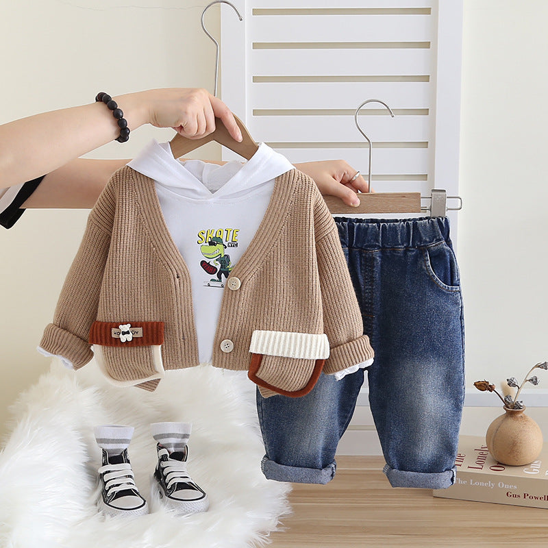 A Boys Autumn Clothing Set Children's 2024 New Boys Spring and Autumn Color Matching Pocket Long Sleeve Sweater Three-piece Set