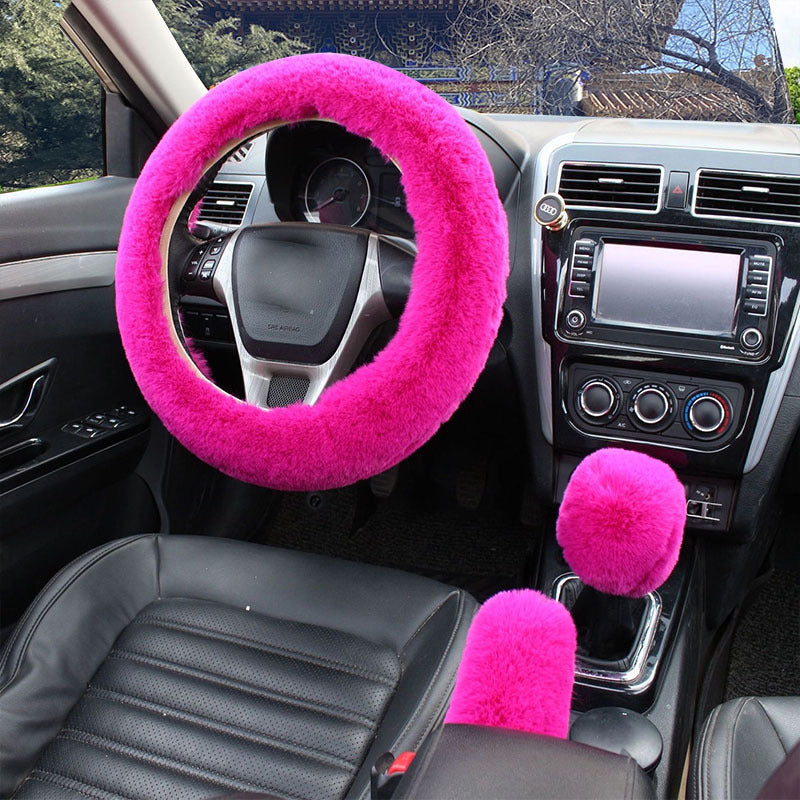 Winter short plush handlebar cover imitation rabbit fur gear lever handbrake three-piece set plush car steering wheel cover (moq:10 set , if  buy one piece need 1usd extra fee )