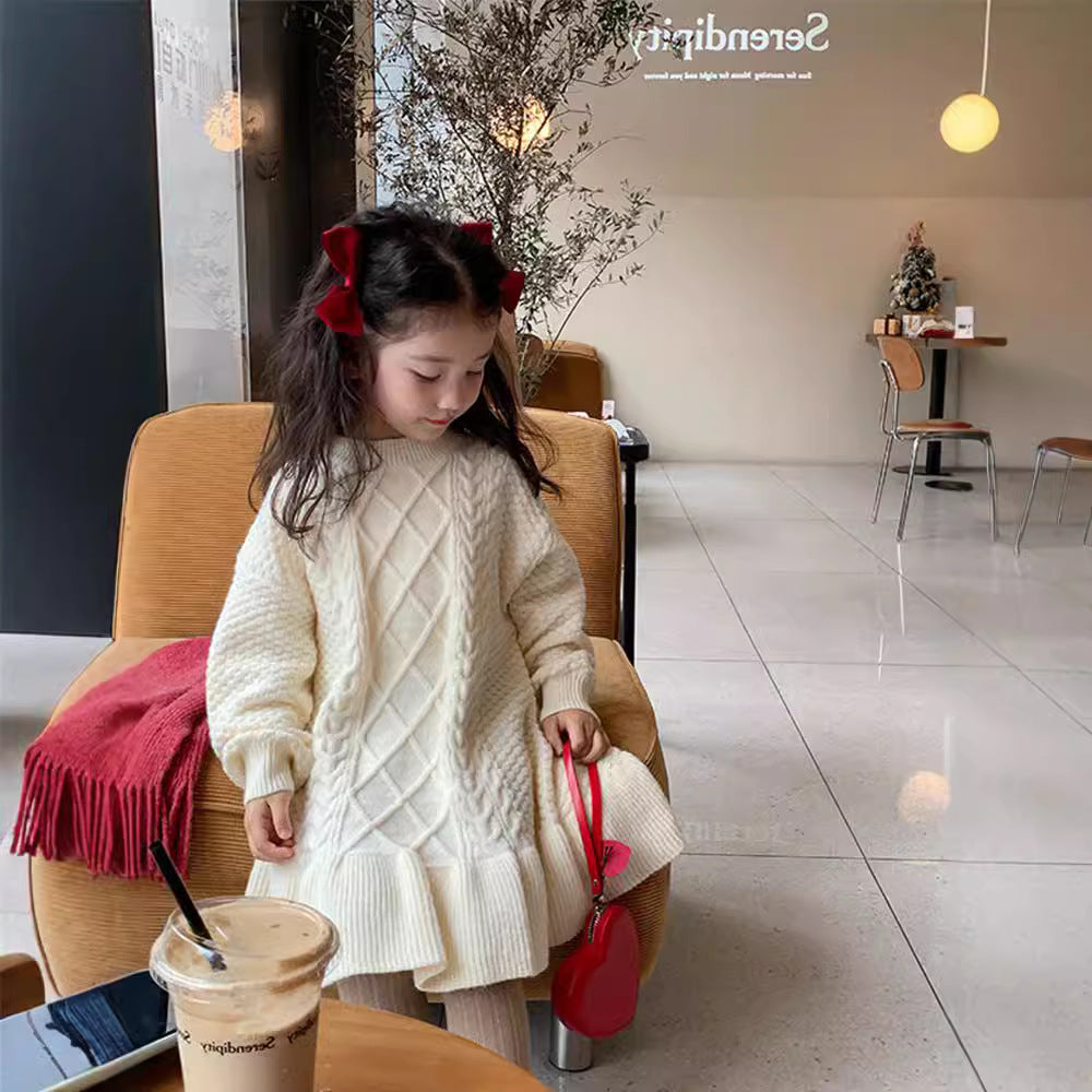 A girls Korean version of foreign style knitted wool skirt autumn and winter clothing new children's ruffle edge thickened princess dress