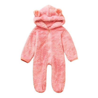 A Men, women and children, European and American spring and autumn winter cute solid color hooded fleece thickened foot-wrapped one-piece Romper children's clothing ins