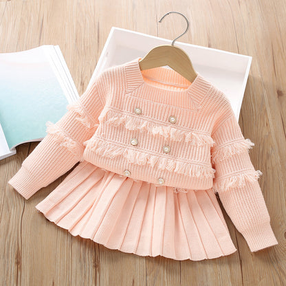 A Girls sweater set  autumn Korean version of fashionable little girl fringed foreign style knitted long-sleeved pullover two-piece set