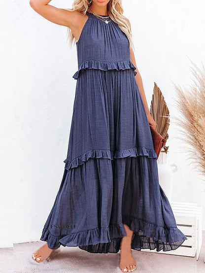 A Europe, America 2024 summer new vacation wind ruffle leaf edge long dress Amazon pendulum elegant beach dress women