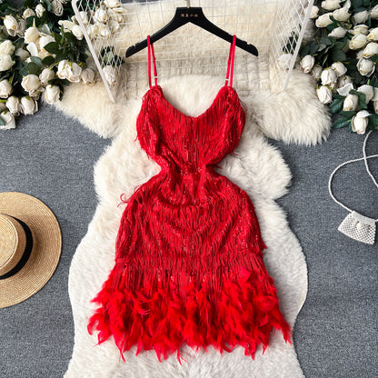 A feather splicing sequined dress women's European and American ins high-end dress sexy halter waist suspender fringed skirt