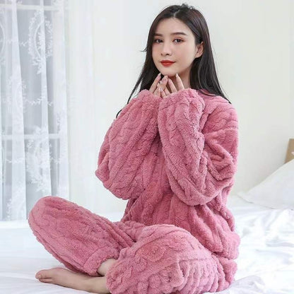 A Strictly selected coral fleece pajamas women's autumn and winter jacquard comfortable cotton fleece thickened loungewear two-piece set loose warm suit