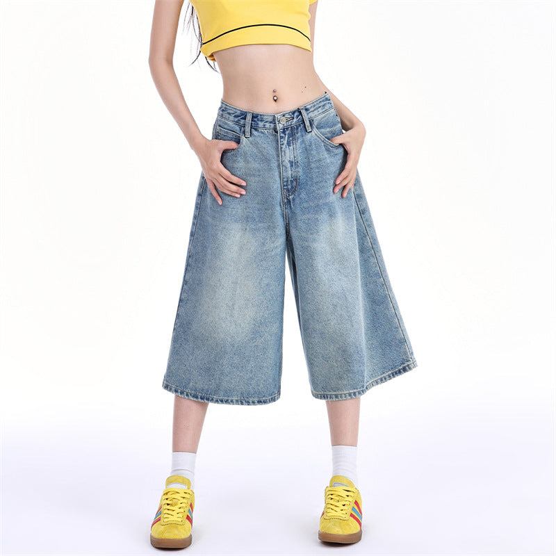 A American retro jeans women's summer new wide-legged straight-leg low-rise slim street trend cropped pants