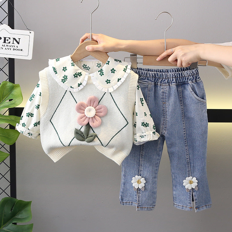 A autumn new top Korean version baby girl bow set girls flower sweater vest three-piece set trendy