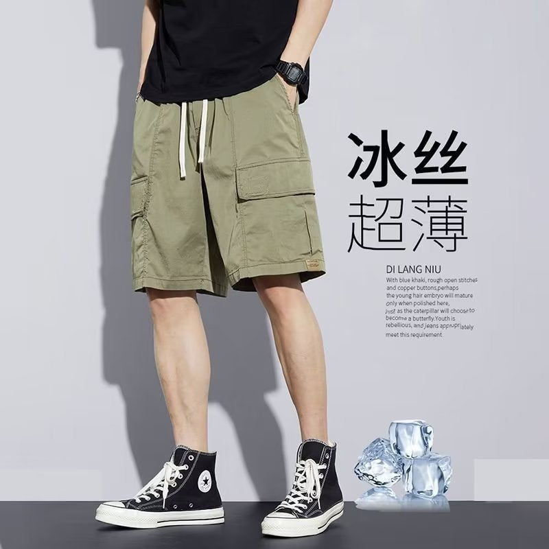 A 2024 men's cargo shorts functional style summer new thin loose casual army green trend cropped pants