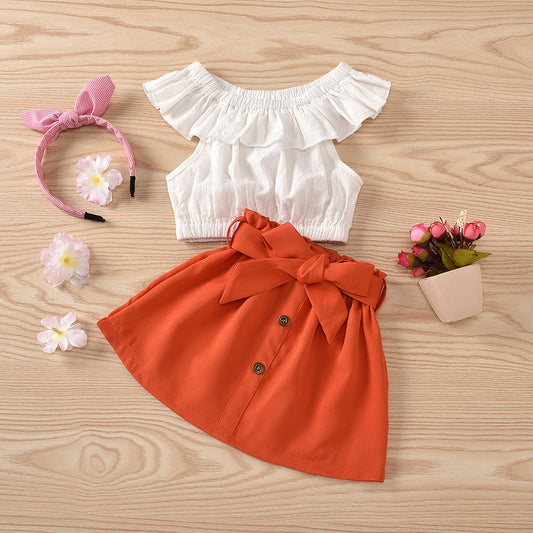 Summer children's and girls' one shoulder foam cotton top+half skirt+belt