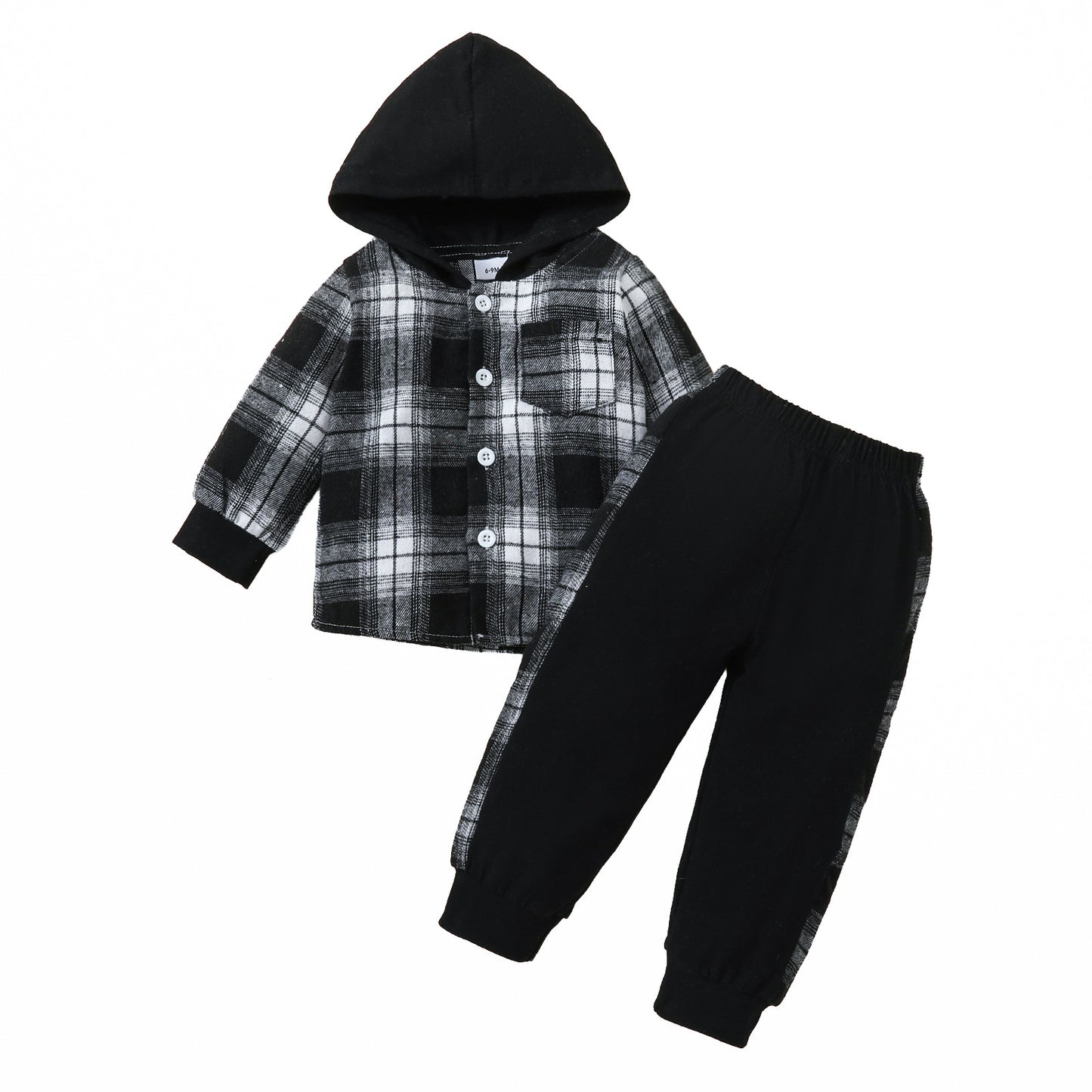 Toddler boy classic plaid hooded long-sleeved shirt color matching trousers suit European and American baby spring and autumn two-piece suit 0.2kg