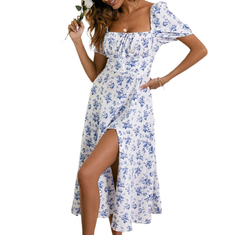 A 2024 Amazon European and American women's clothing summer new printing French floral backless slim suspender split dress