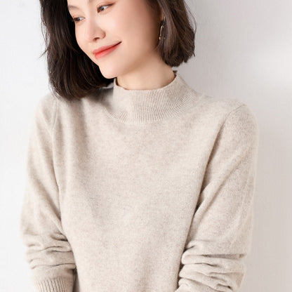 A Autumn and winter semi-turtleneck pullover wool sweater women's loose full-color short fleece sweater long-sleeved inner knitted bottoming shirt