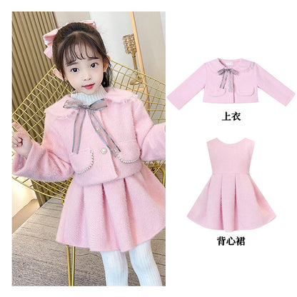 A girls dress set autumn and winter foreign style fashionable small fragrant style baby coat children's princess dress two-piece set