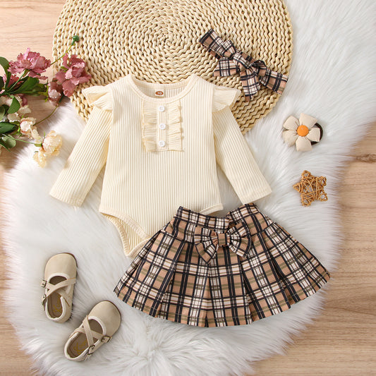 Treasure Salary Foreign Trade Children's Wear European and American Autumn and Winter Academy Women's Treasures Infant and Young Children's Openable Bag Fart Coat Plaid Skirt Three piece Set 0.12kg