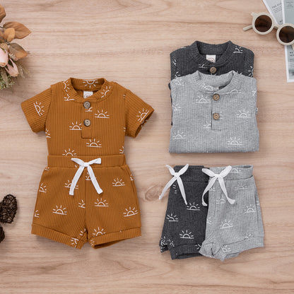 Bao Bao summer baby boy two-piece set pit strip sun printed stand collar short sleeve bag fart suit shorts set 0.15