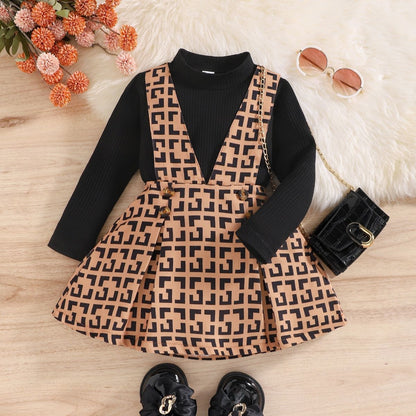 TX Children's Clothing Autumn/Winter Cross border Girls' Classic Old Flower Print Backband Skirt High Neck Long Sleeve Two piece Set for Kids 0.25kg