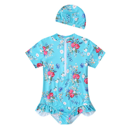 A CHILDREN'S SHORT SLEEVE TRIANGLE SWIMSUIT BABY GIRL ONE-PIECE SPA SWIMSUIT FLORAL BIKINI RUFFLE BEACH SURFSUIT 0.11KG