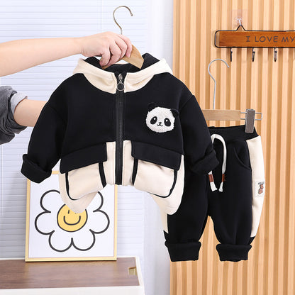 A Winter fleece thickened casual hooded cartoon sweater color matching trousers two-piece set one-year-old boy baby autumn and winter clothing