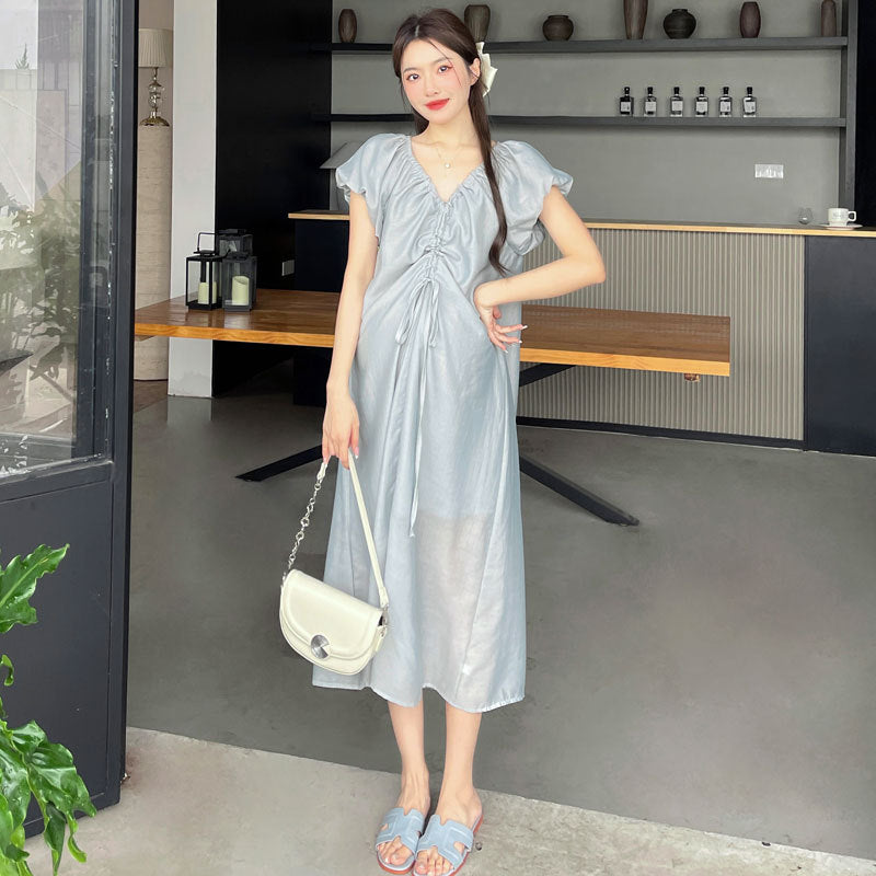 A maternity dress summer 2024 new French design sense drawstring V neck thin fairy short sleeve fairy long dress