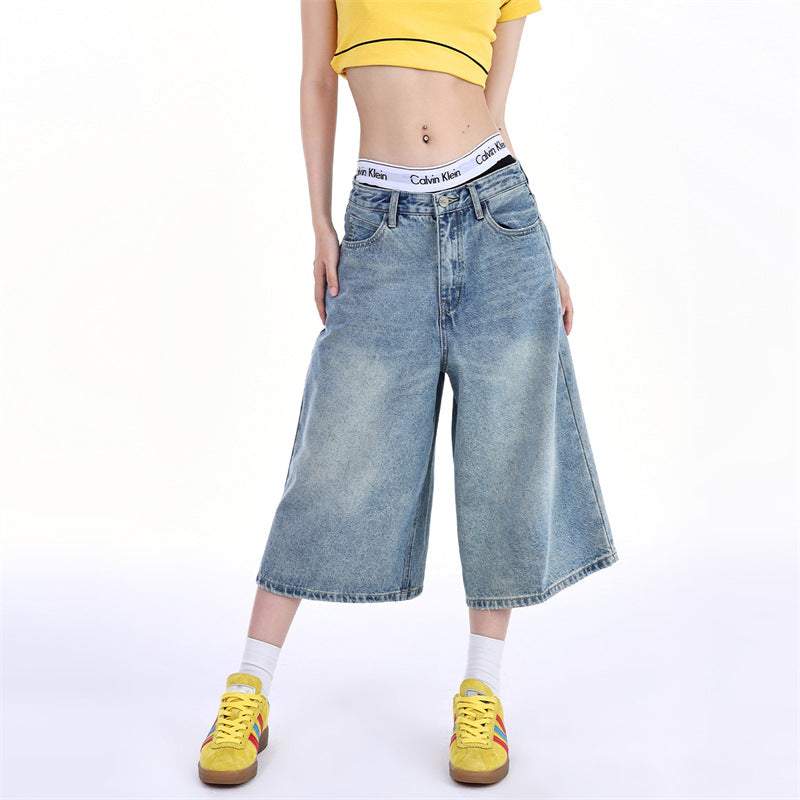 A American retro jeans women's summer new wide-legged straight-leg low-rise slim street trend cropped pants