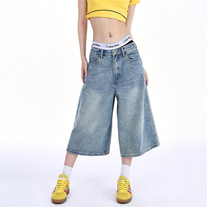 A American retro jeans women's summer new wide-legged straight-leg low-rise slim street trend cropped pants