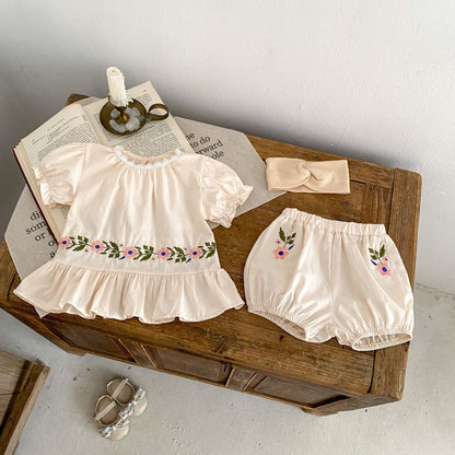 A 2024 Summer Baby Baby Flower Embroidered Round Neck Short Sleeve Shirt+Small Fresh Loose Shorts 2-piece suit