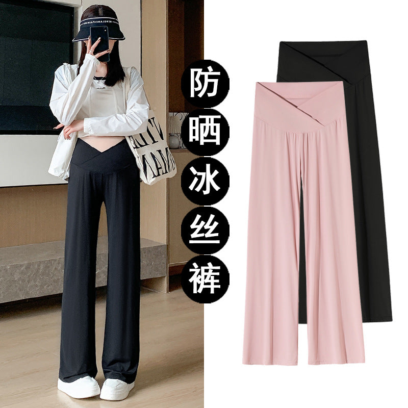 A small maternity pants low waist support ice silk summer thin loose straight wide legs cool fashion sunscreen pants