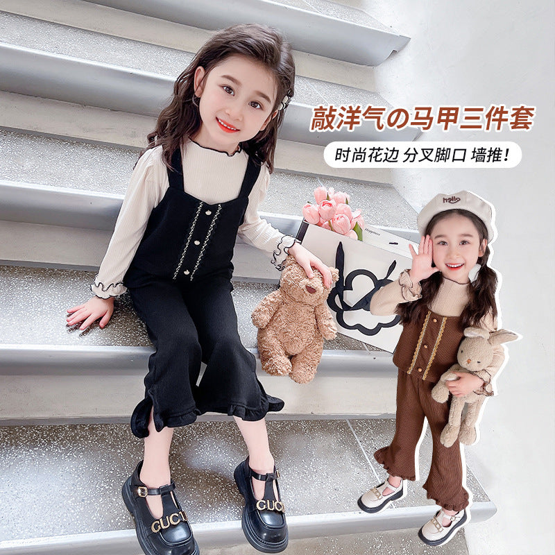 Girls' lace vest three-piece spring and autumn style new foreign fashion children's casual set baby autumn suit 0.5kg