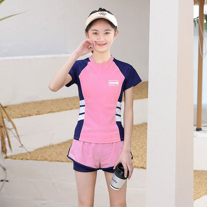 A Girls' swimsuit, sports stitching, split short sleeve sunscreen, swimsuit for medium and large children, swimsuit with chest pad, and quick-drying student swimsuit for children 0.15KG