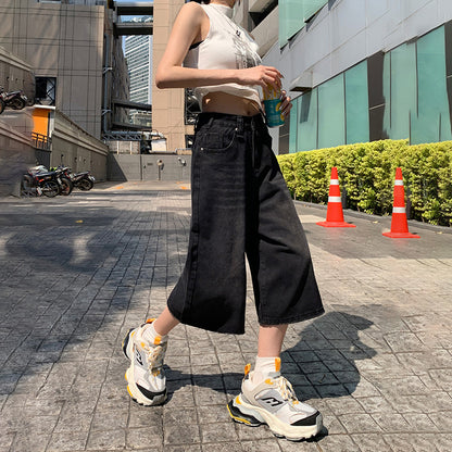 A orange silk women&#039;s dress # American street retro ins black and gray wide-leg cropped pants spring and summer high waist high street jeans pants women