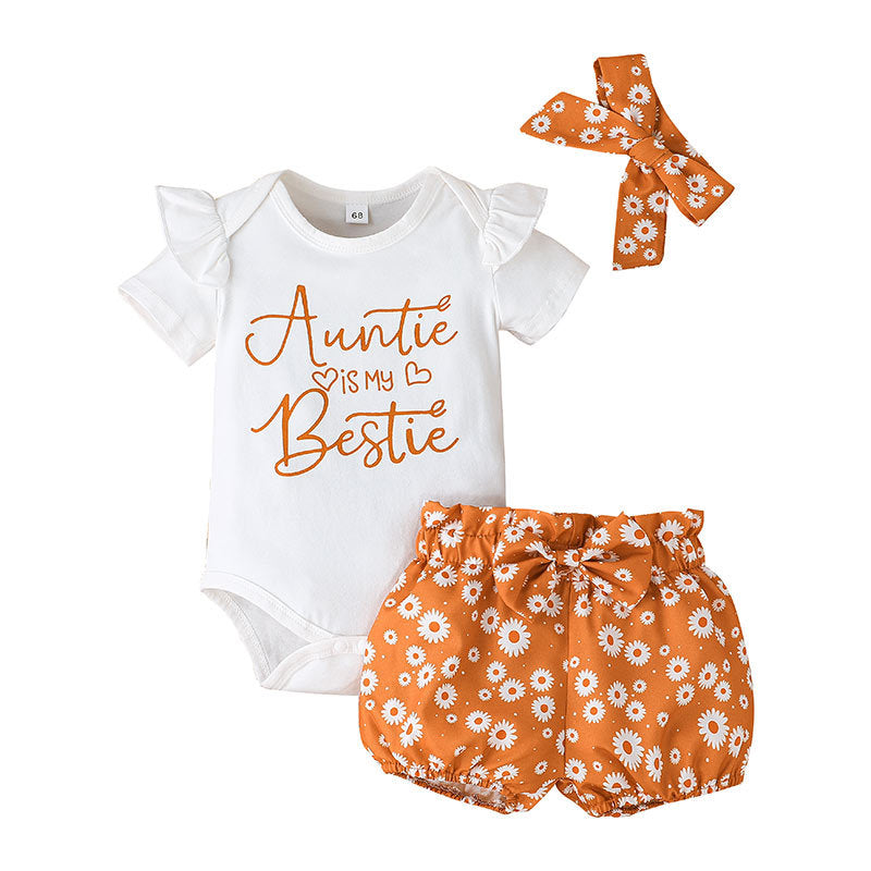 2022 New Girls' Summer Set European and American Short sleeved Alphabet Sweetheart+floral shorts and headscarf 3-piece set