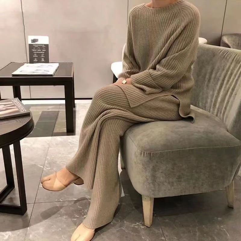 A cross-border new lazy style elegant solid color casual temperament split knitted sweater wide-leg pants two-piece set women