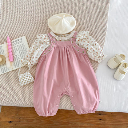 A Baby one-piece bib pants girl one-piece crawler suit floral shirt set baby foreign style outing two-piece set