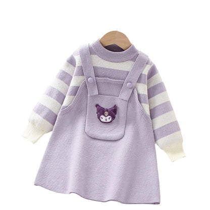 A girls sweater dress autumn and winter new Korean version fashionable cartoon cute striped fake two-piece wool skirt