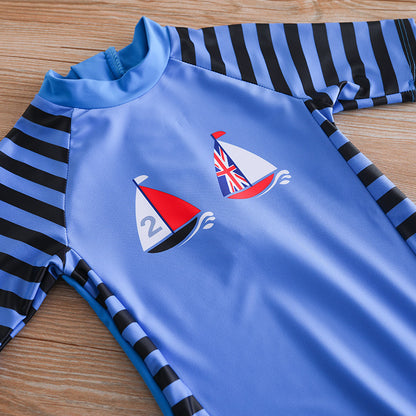 Trajes de baño para niños de fábrica transfronteriza, trajes de baño de una pieza para aguas termales para niños y niñas, protector solar de playa, mangas cortas, conjunto de 3 piezas a rayas 