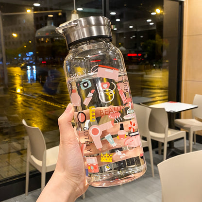 A 0WYV1000ml Household Large Capacity Water Bottle Portable for Men and Women with Filtered Tea Making Cup Fashionable Graffiti Heat Resistant Glass BOTTLES