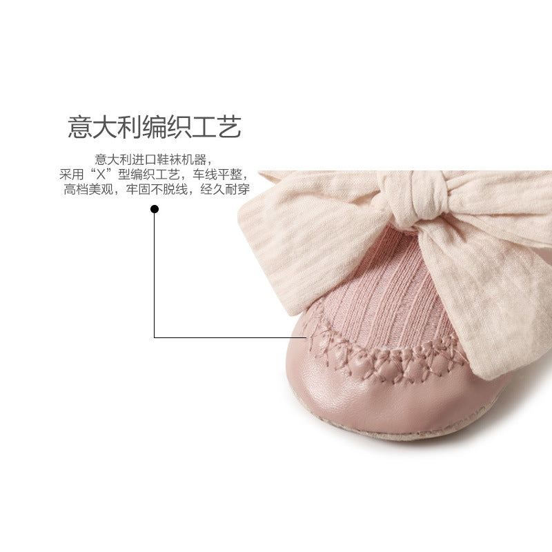 A autumn baby leather sole floor shoes and socks baby socks medium tube anti-drop Korean version bow princess socks toddler socks shoes