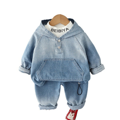 Trend boy long sleeve suit autumn Korean version of gradient hooded denim sweater casual pants for children in three-piece suit.