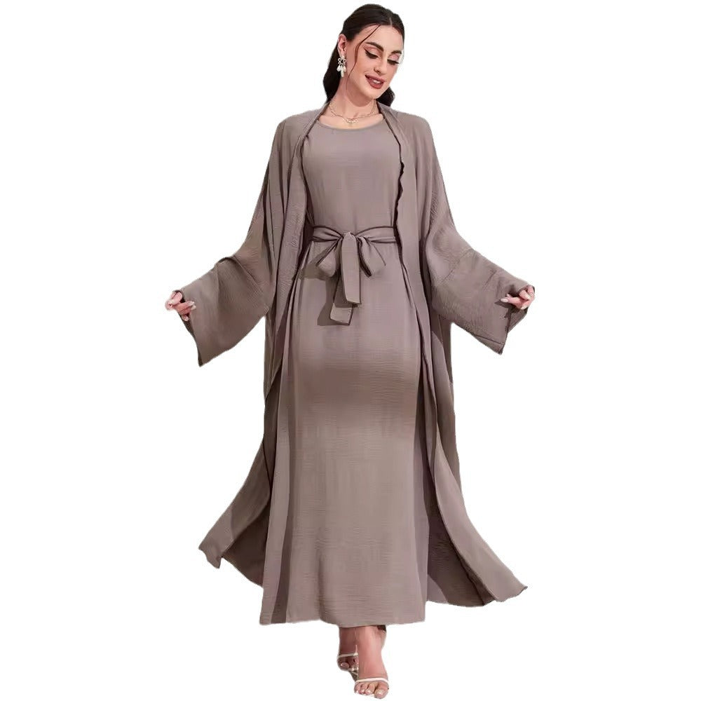 Women's Middle Eastern Muslim Clothing Fashion Elegant Cardigan Dress Belt Robe