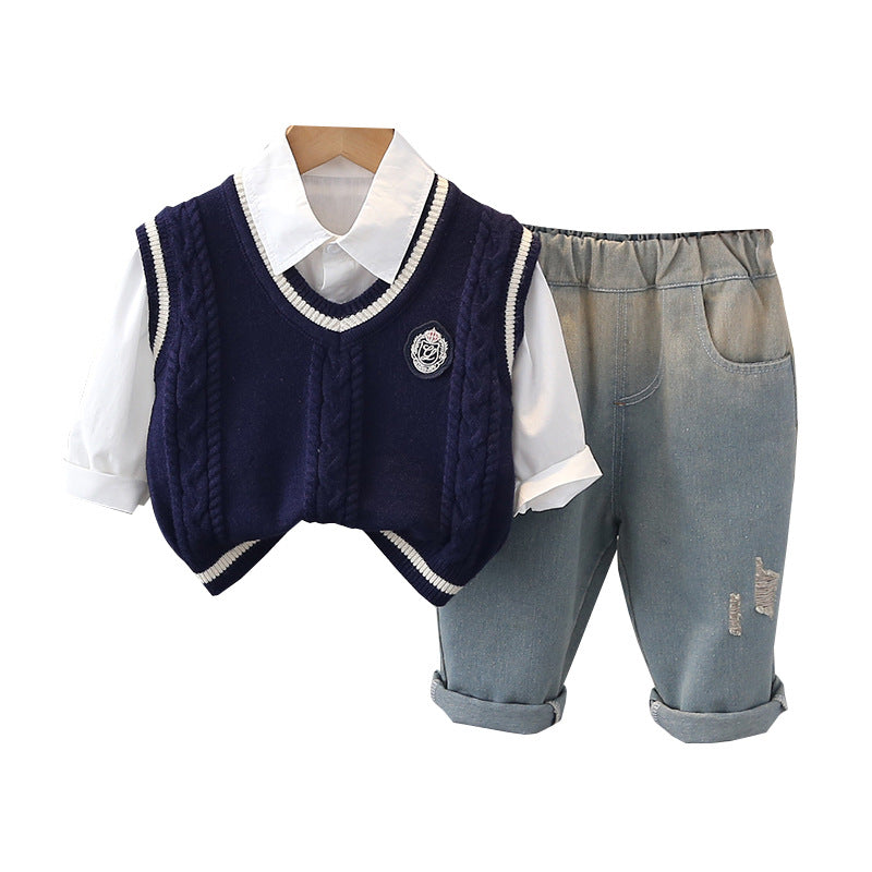 A new boys college style vest casual bottom shirt fashion printed trousers three-piece set source manufacturer wholesale