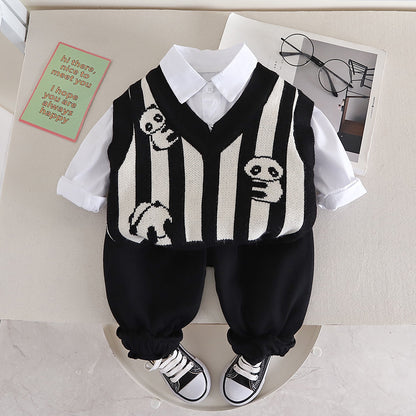 A vest three-piece autumn new striped panda cute top outdoor street shooting fashion suit manufacturer wholesale