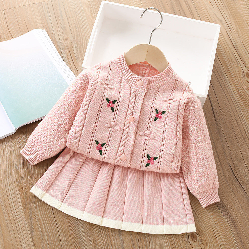 A girls sweater set autumn and winter new Korean version fashionable baby flower embroidery knitted cardigan skirt two-piece set