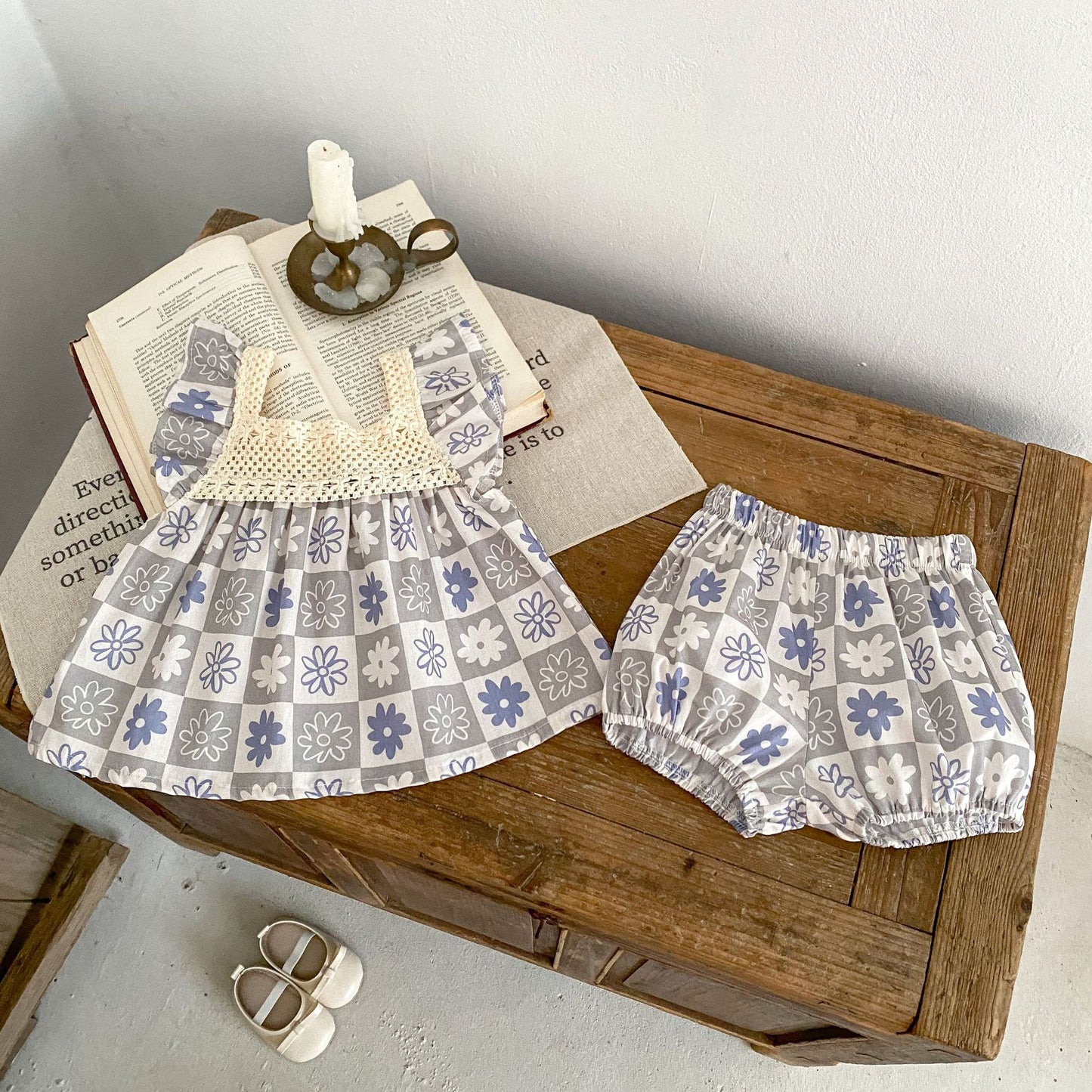 A Enge children's clothing summer all cotton breathable baby clothes fly sleeve plaid set wide swing top+shorts two-piece set