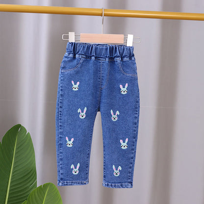 Nueva versión coreana de pantalones vaqueros de primavera y otoño para niñas, pantalones occidentales sueltos para bebés de primavera y otoño para niños de 0,45 kg 