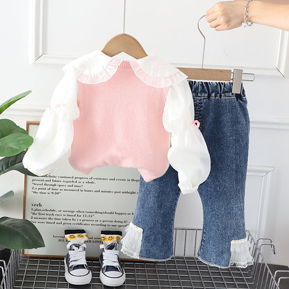 A girl autumn cute suit new spring and autumn clothes Korean version baby girl pocket flower vest three-piece set tide