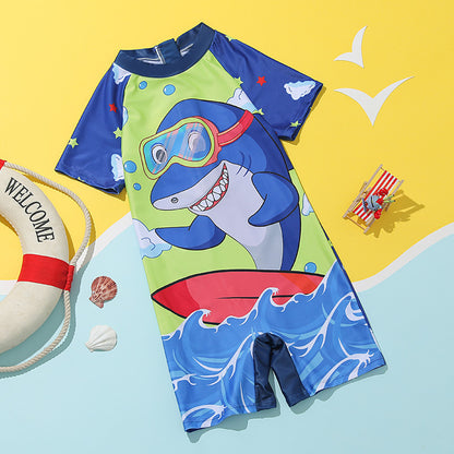 A children's swimsuit, boys and girls, one piece short sleeved sports swimsuit, middle and large children's student cartoon casual swimsuit wholesale 0.14KG