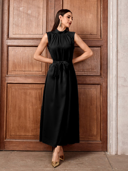 Women's Muslim Solid Color Casual Sleeveless Bottom Long Dress High Neck Belt Dress Inner Shirt