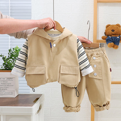 A autumn new boys lapel shirt long-sleeved three-piece boy's tooling trousers striped vest set